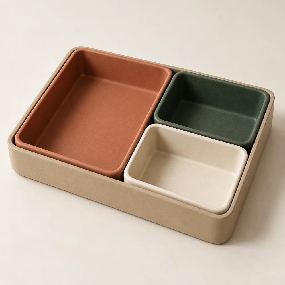 Fictional ceramic desk organiser — three-quarter view