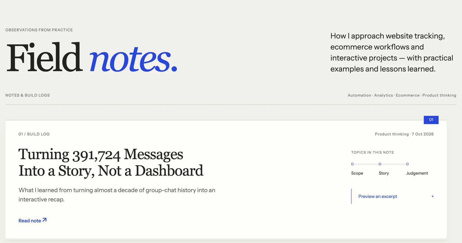 Actual local Notes index, including its opening and the complete first paper for Turning 391,724 Messages Into a Story, Not a Dashboard.