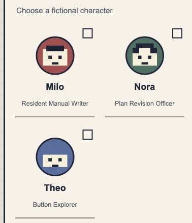Small Talk Wrapped character selection, showing Milo, Nora and Theo with their selection controls.